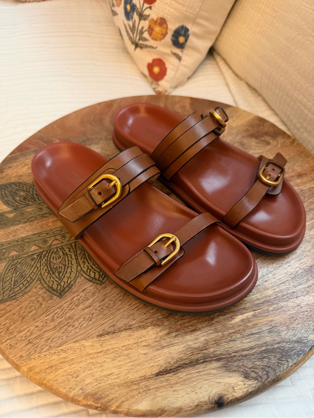 Steve Madden ZINA. Brown Leather Dual-Buckle Slide Sandals